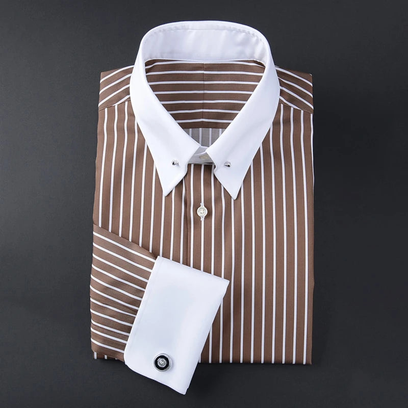 Camisa francesa justa-fit listrada masculina, gola império, manga longa, tendência de negócios