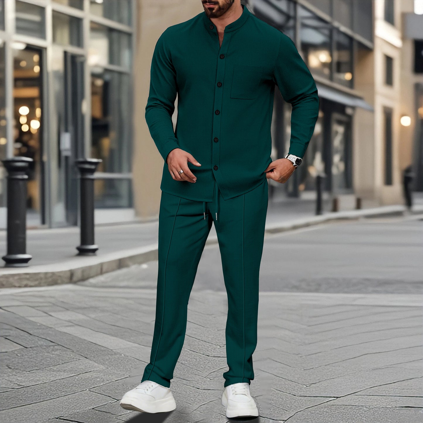 Camisa Masculina Waffle Elegante com Gola Alta e Botões e Calças 1/2 Peças Confortáveis e Respiráveis Casuais
