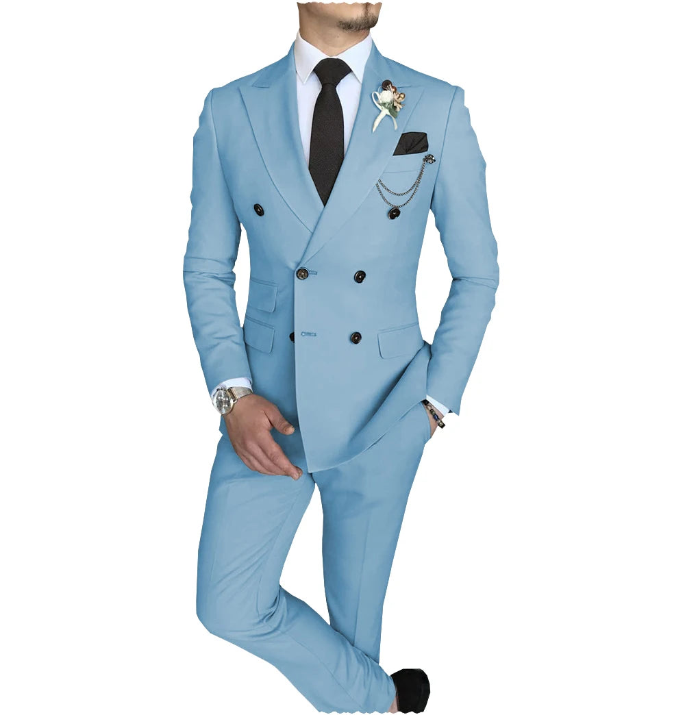 Terno slim fit trespassado masculino, jaqueta Peak Lapel, casual de negócios, blazer e calça de casamento, 2 peças