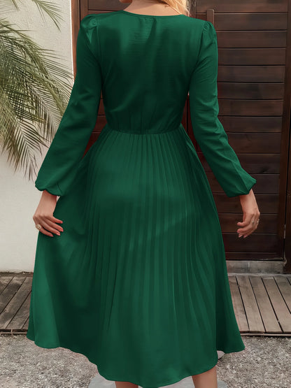 Vestido Elegante Feminino Verde de Chiffon com Manga Longa, Ajuste Slim, Plissado, Vestido de Festa com Decote em V e Cinto