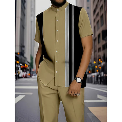 Conjunto de Camisa Listrada para Homens, Slim Fit, em Couro PU com Forro de Fleece, Colarinho Cubano, Manga Três Quartos, Estilo Cleanfit para o Verão
