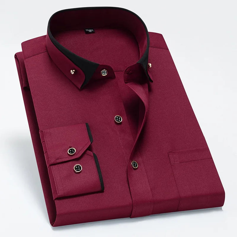 Camisa de negócios masculina manga longa botão para baixo camisa social anti-rugas escritório camisa masculina manga longa cor preta casual
