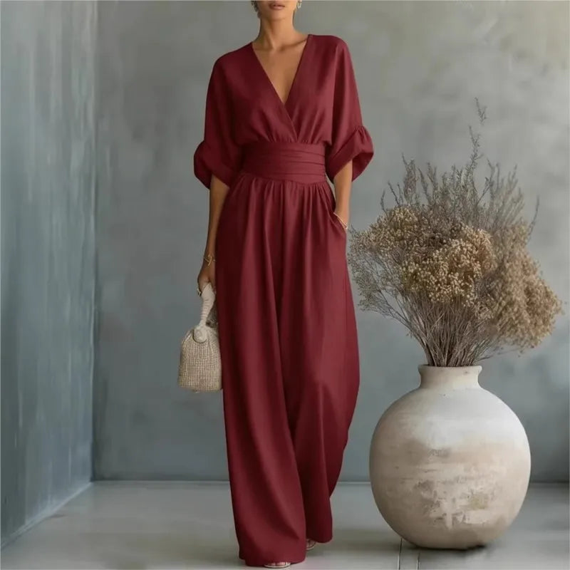Waist V-neck Jumpsuit 2026 Spring And Summer New Style Fashionable And Elegant Women's Solid Color Mid-sleeve Wide-leg Jumpsuit
