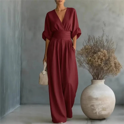 Waist V-neck Jumpsuit 2026 Spring And Summer New Style Fashionable And Elegant Women's Solid Color Mid-sleeve Wide-leg Jumpsuit