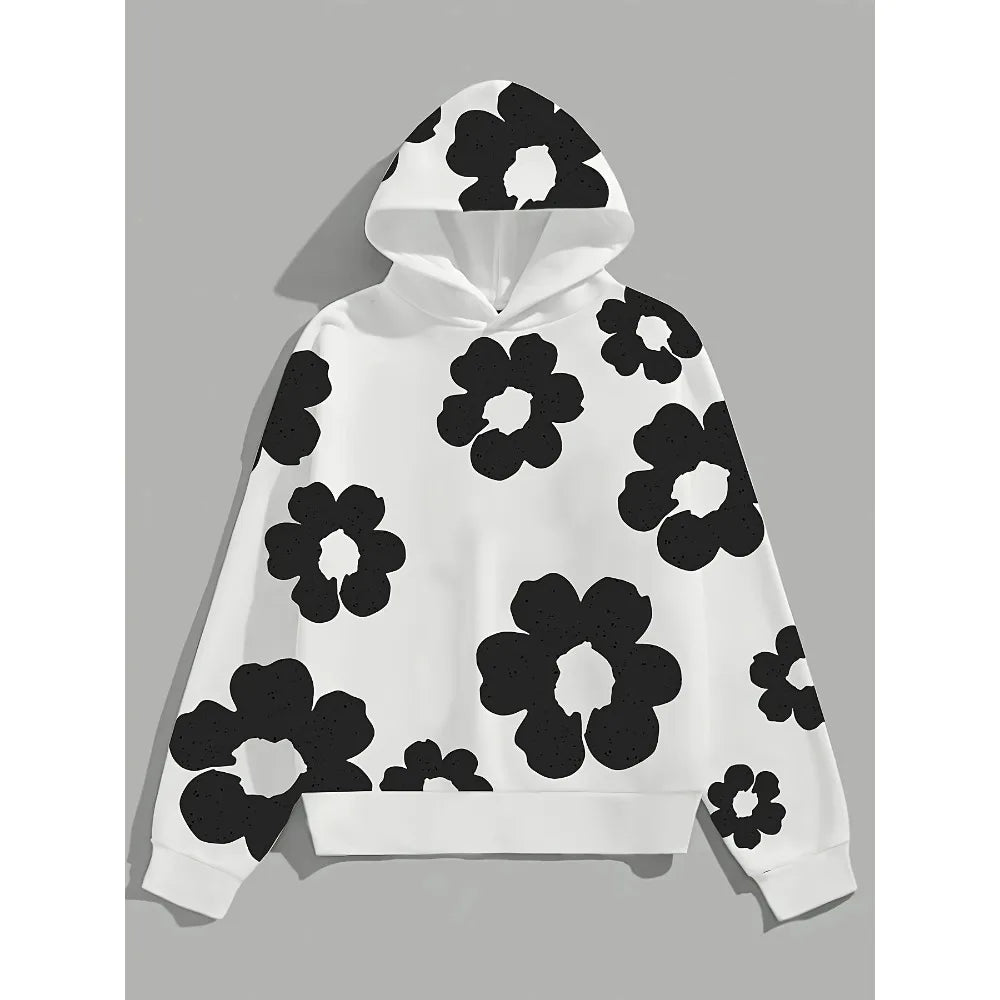 Men'S Casual Black Hoodie with White Floral Print Trendy Long Sleeve Pullover Regular Fit Slight Stretch Fabric Y2K Streetwear