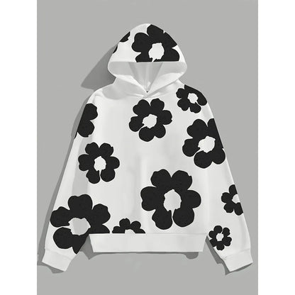 Men'S Casual Black Hoodie with White Floral Print Trendy Long Sleeve Pullover Regular Fit Slight Stretch Fabric Y2K Streetwear