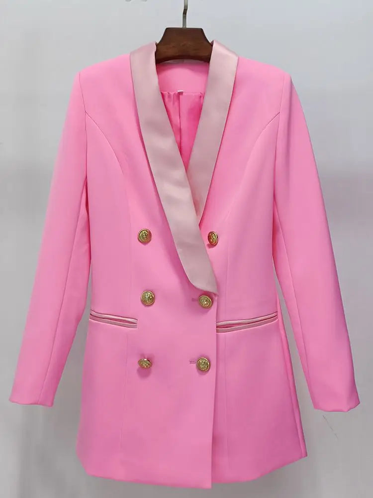 Blazer feminino de alta qualidade, modelo 2026, com botões de leão, abotoamento duplo, gola xale em cetim e modelagem longa.