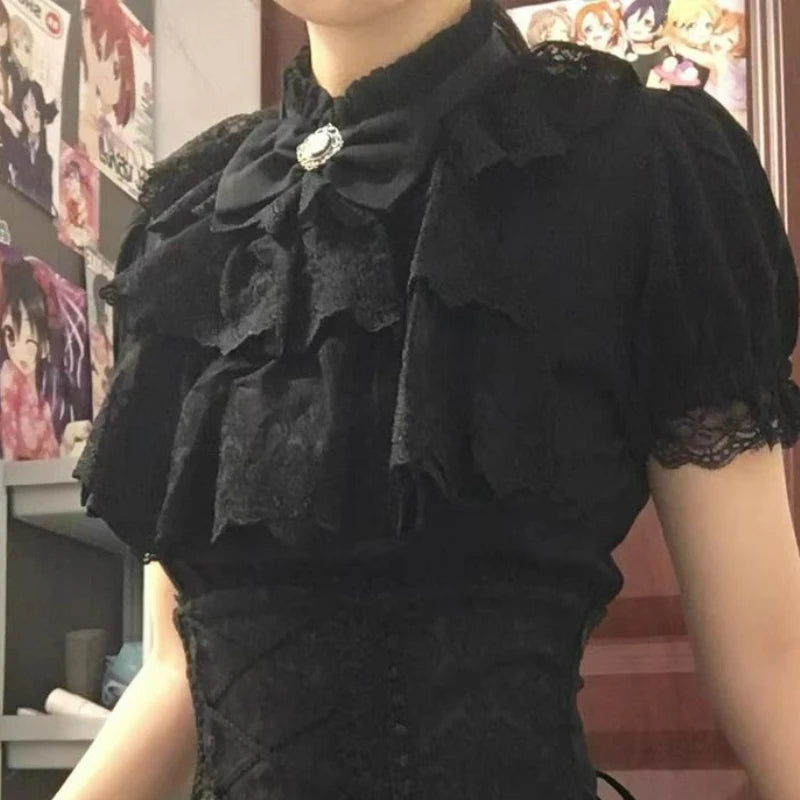 Estilo gótico japonês strass arco saia conjunto feminino doce rendas babados camisas bandagem fina mini saia feminina lolita y2k outfits