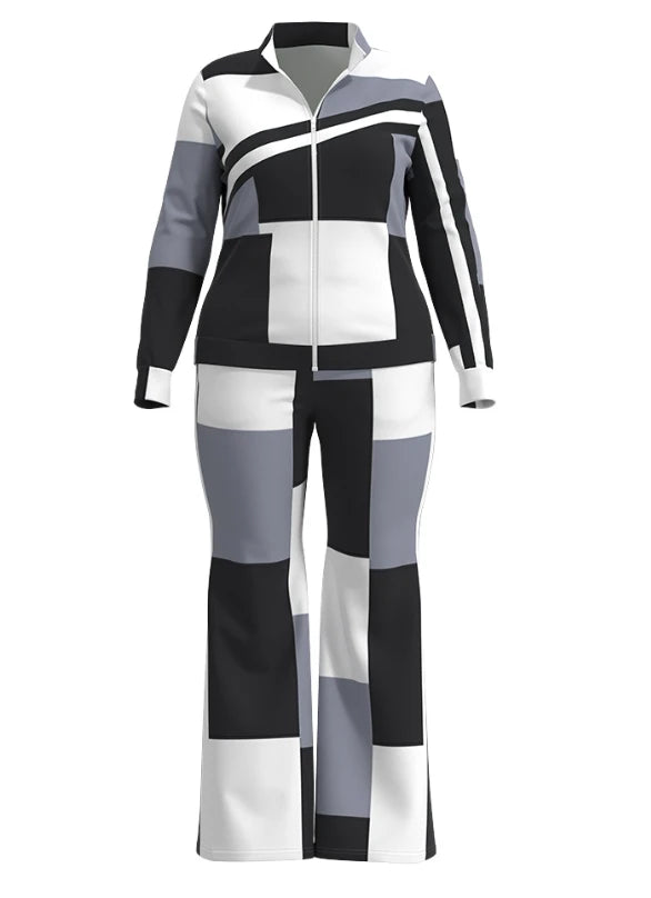 Conjunto de duas peças roupa feminina 2023 outono moda geométrica impressão gola manga longa zip up topo & casual calças esportivas conjunto