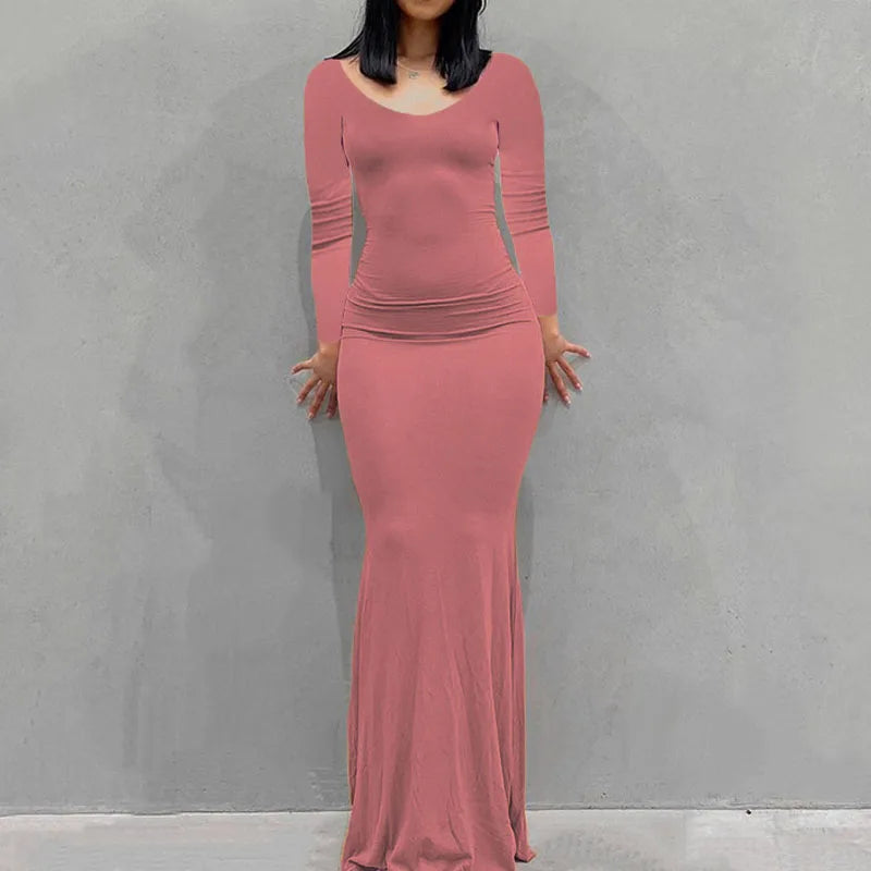 Novo vestido feminino longo, casual, justo, de manga comprida, para usar em casa