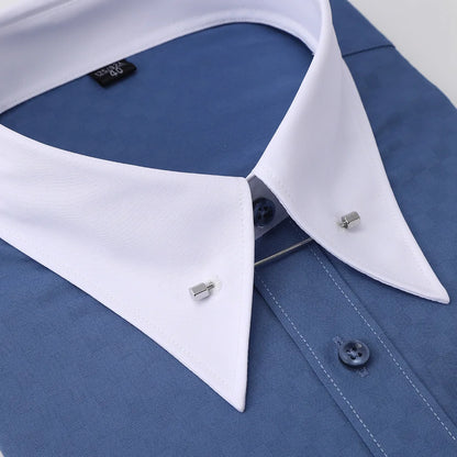 Camisa Social Masculina de Manga Longa com Abotoaduras Francesas Bordadas e Gola Grande, Sem Gravata, para Negócios e Ocasiões Formais