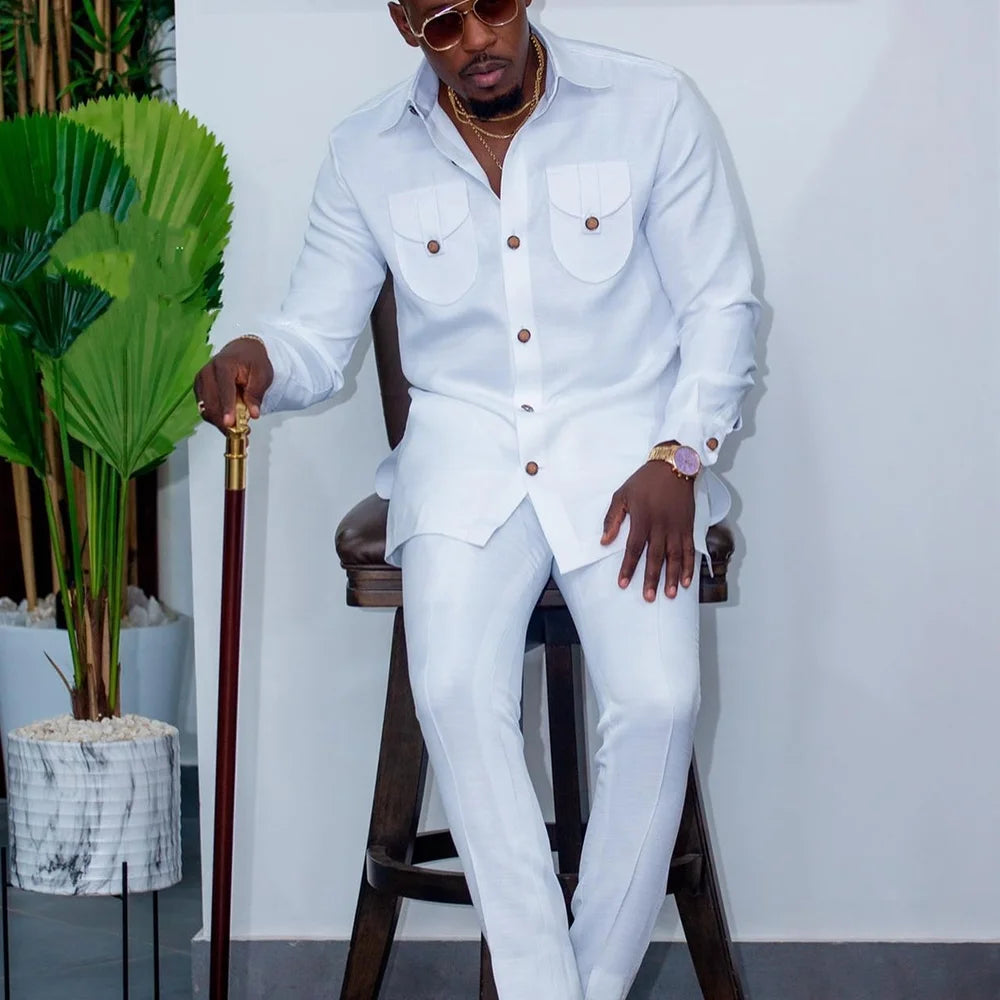 Novo Terno Masculino 2025, Bolso Branco, Conjunto de 2 Peças, Terno Casual de Luxo para Casamento, Estilo Tradicional Africano de Minorias Étnicas