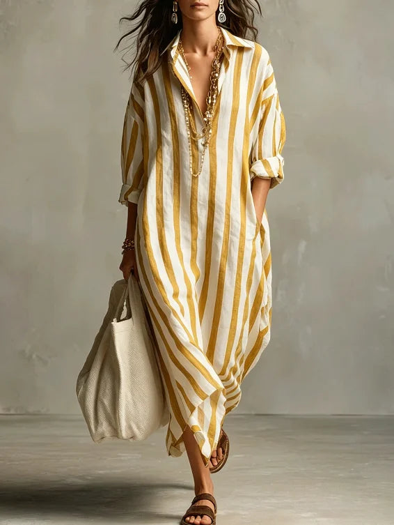 Vestido Chemise Longo Estampado Listrado com Decote V Solto, Tendência Oversize, Moda Primavera/Verão 2026, Novo Modelo para Comércio Europeu e Americano