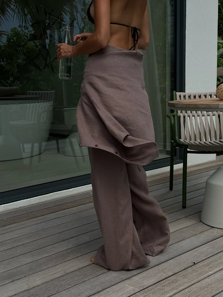 Elegante algodão linho lapela camisas conjunto casual elástico de cintura alta sólida calças soltas femininas terno 2025 senhora 2 peça outfits novo