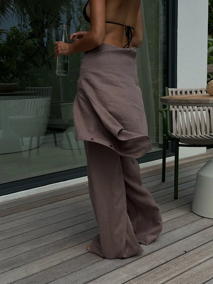 Elegante algodão linho lapela camisas conjunto casual elástico de cintura alta sólida calças soltas femininas terno 2025 senhora 2 peça outfits novo