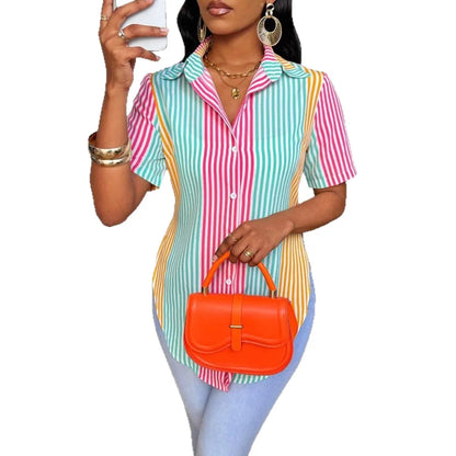 Camisa Feminina Estampada da Moda 2026 Novo Estilo Slim Fit Manga Curta Cardigã Patchwork Estilo Doce Elegante Qualidade Poliéster