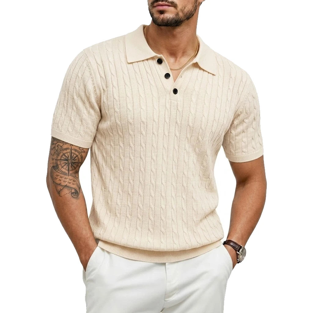 Camisetas Texturizadas de Verão para Homens, Camisas de Malha Leves de Manga Curta, Camisas Listradas Vintage, Camisetas de Malha Respirável, Polos para Homens