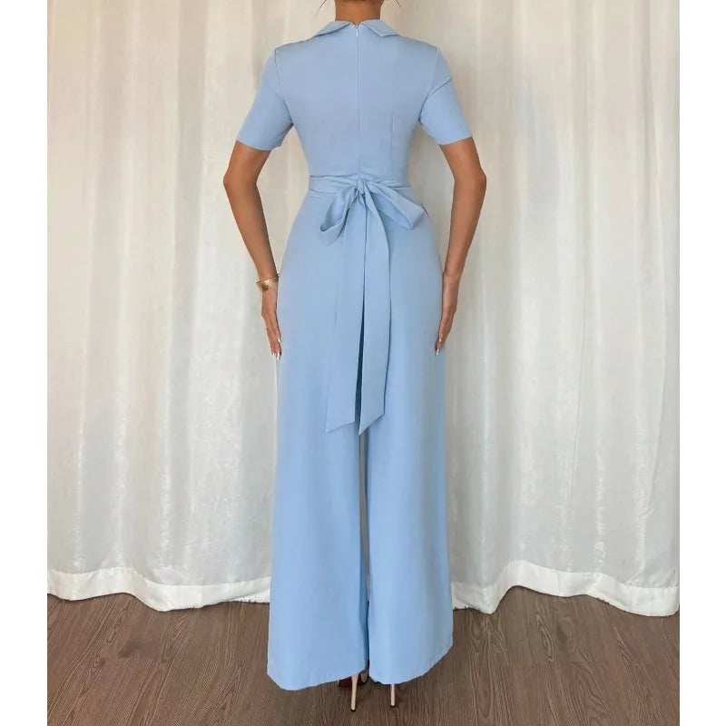 Macacão Feminino Azul Elegante 2026 Primavera Verão com Cinto na Cintura, Ajuste Fino, Estilo Casual, Manga Três Quartos, Calça Conjugada