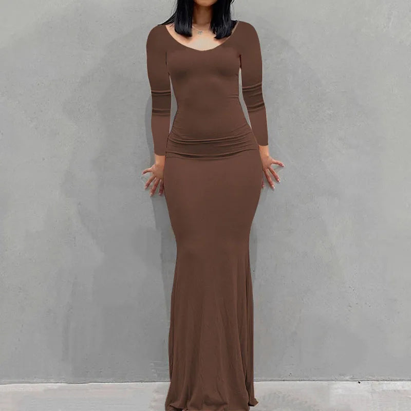 Novo vestido feminino longo, casual, justo, de manga comprida, para usar em casa