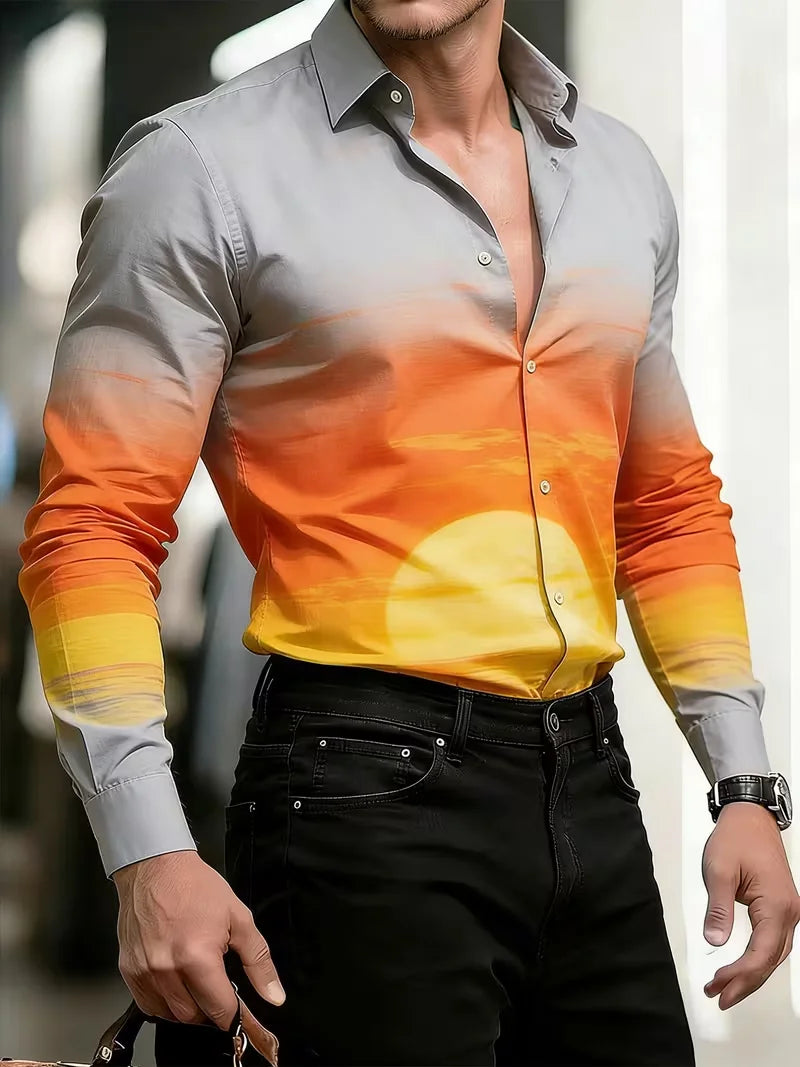 Nova camisa masculina estilosa com estampa 3D de chamas, design casual com botões e manga comprida.