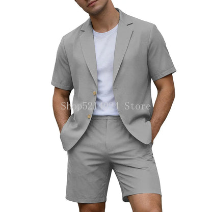 Conjuntos para Homens Blazer de Manga Curta e Calças Curtas Leves para Casamento, Festa, Negócios e Trajes Formais