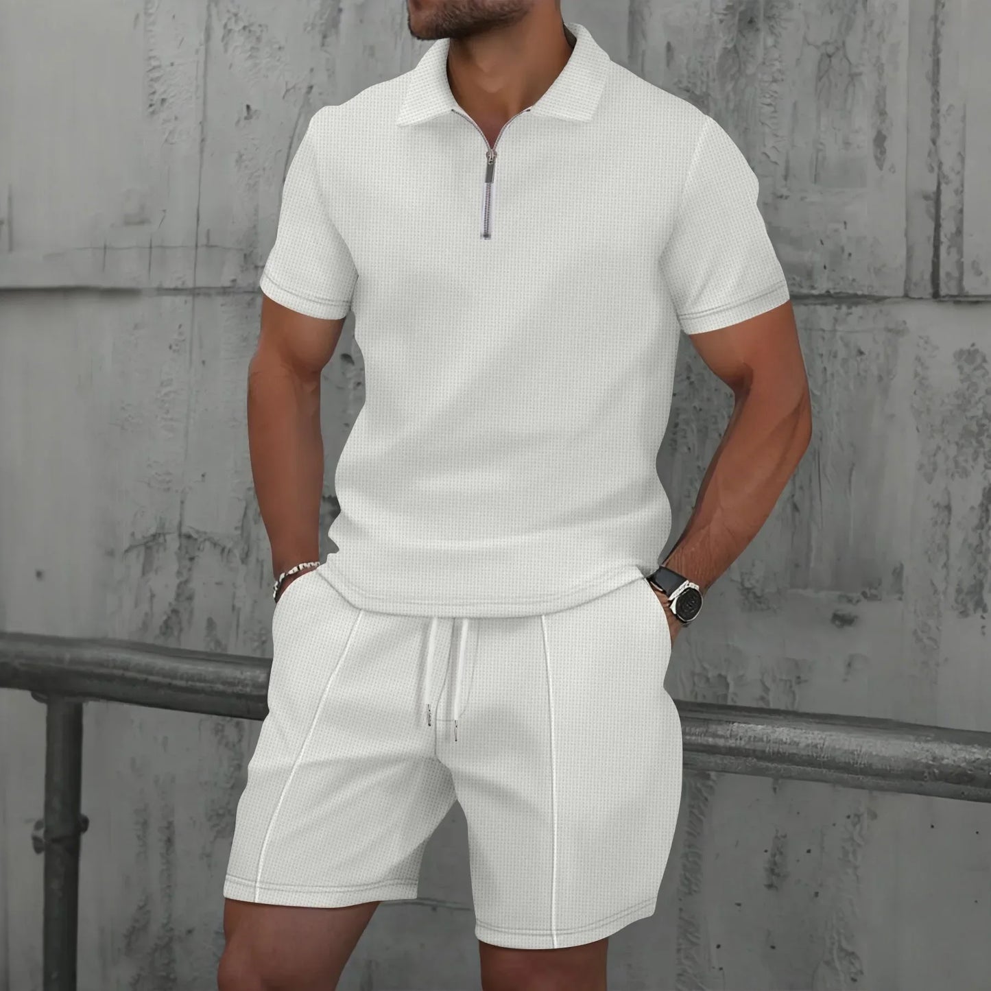 Verão masculino esportes polo terno de manga curta elegante zíper camisa polo e shorts conjunto masculino casual streetwear 2 peças lazer esportes conjunto