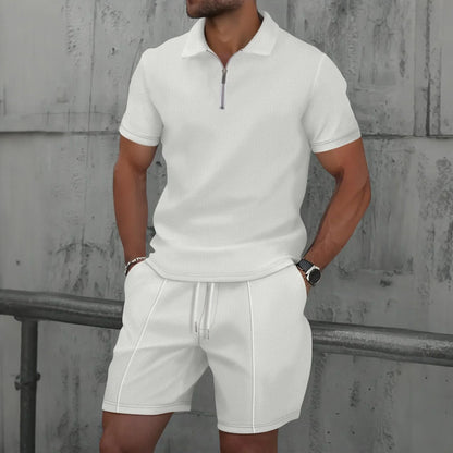 Verão masculino esportes polo terno de manga curta elegante zíper camisa polo e shorts conjunto masculino casual streetwear 2 peças lazer esportes conjunto