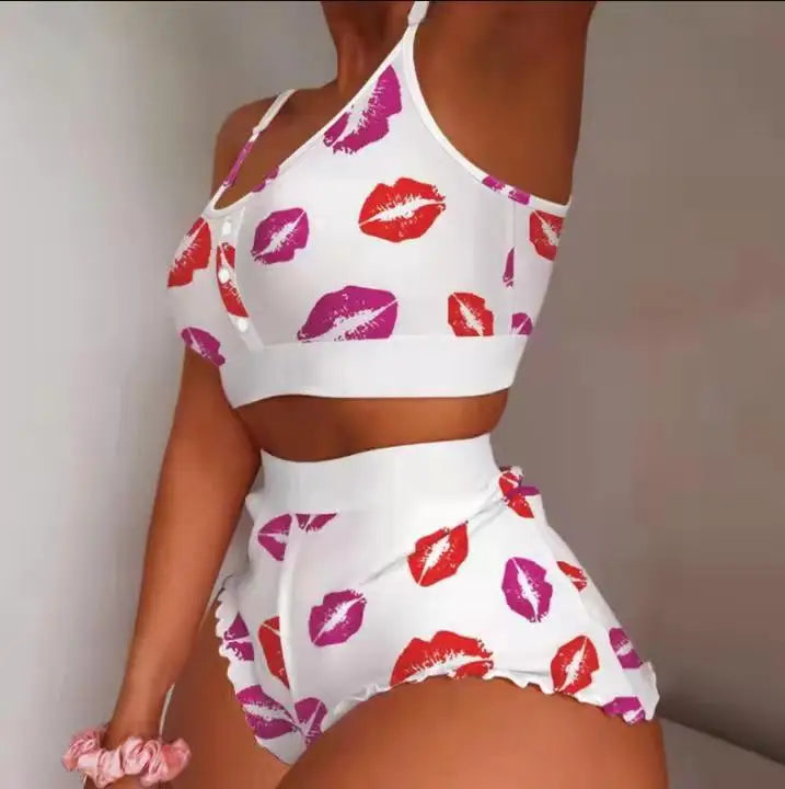2 peças conjunto de pijama feminino shorts terno impressão múltipla roupa interior sexy lingerie camisolas tanques noite senhoras loungewear homewear