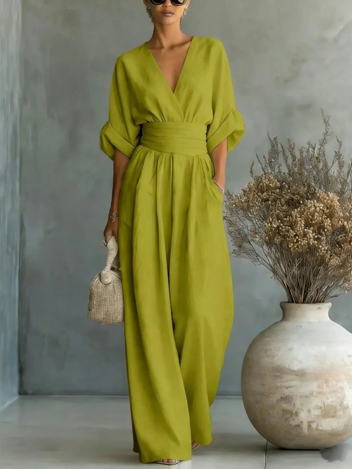 Sexy Deep V Neck Women's Jumpsuits Elegant High Waist Romper Casual Wide Leg Loose Pants Overalls Vacation Outfits MYQ-ZY7723