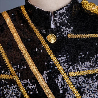 Uniforme masculino de lantejoulas MJ Dance Wear Glitter Preto Branco Vintage Michael Jackson Jaqueta de palco com borla