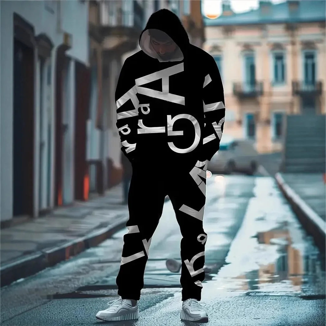 Conjunto Masculino 2026: Moletom com Capuz e Calça Jogger Estampados Digitalmente – Agasalho Esportivo Casual de Verão com Estampa Gráfica (2 Peças)