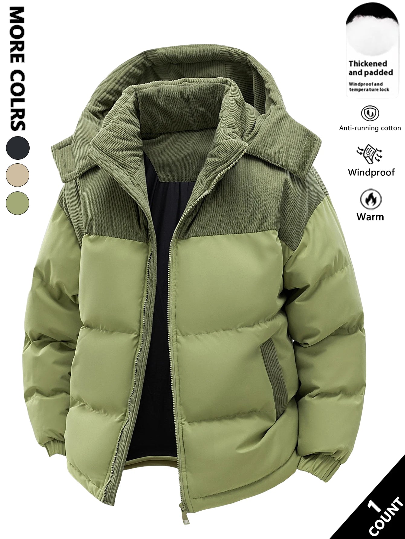Jaqueta masculina de algodão com capuz, espessada e quente no inverno, à prova de vento e resistente ao frio, simples e versátil para roupas de trabalho
