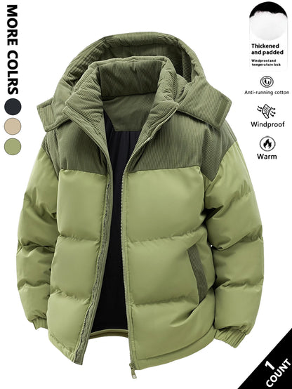 Jaqueta masculina de algodão com capuz, espessada e quente no inverno, à prova de vento e resistente ao frio, simples e versátil para roupas de trabalho