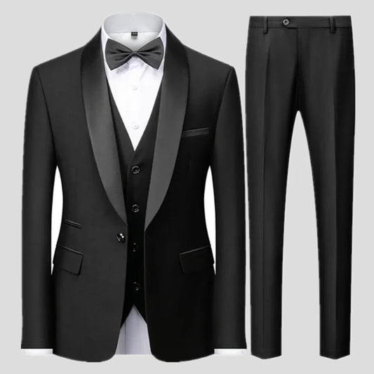 Preto masculino outono festa de casamento três peças conjunto tamanho grande masculino blazer casaco calças e colete moda fino ajuste terno