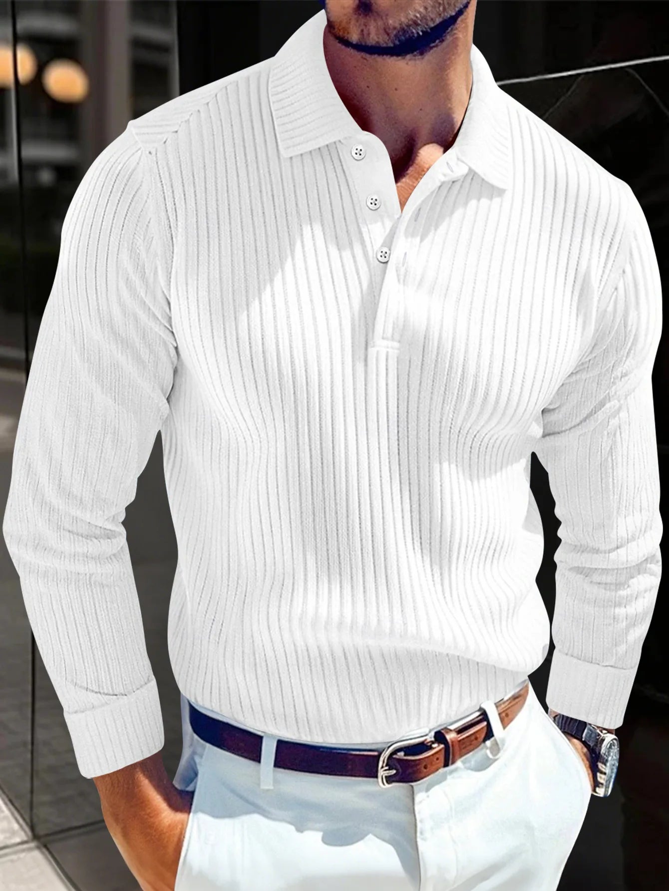 2025 primavera e outono novos homens cor sólida listrado botão gola de malha manga longa topo negócios casual respirável camisa polo