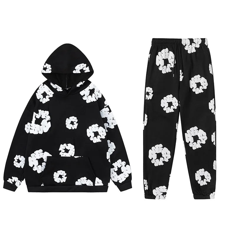 Conjunto Feminino de 2 Peças 2026: Moletom Casual Estampado de Espuma Solto + Calça - Roupa Feminina de Outono Inverno
