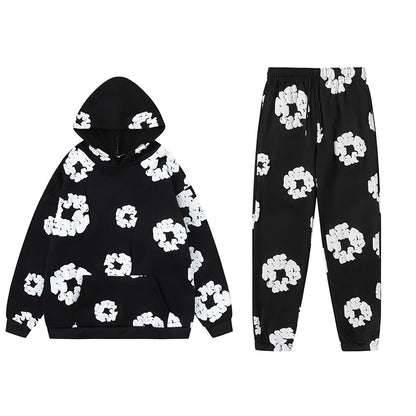 Conjunto Feminino de 2 Peças 2026: Moletom Casual Estampado de Espuma Solto + Calça - Roupa Feminina de Outono Inverno
