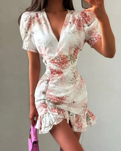 Vestido Elegante Feminino de Cetim Sólido com Manga Curta, Gola Alta, Patchwork, Babados e Drapeado para Festas e Jantares - Vestido Chique 2026