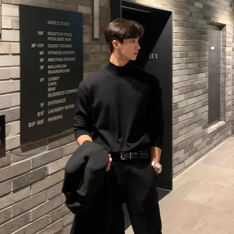 Outono levante-se colarinho camisola masculina fino quente preto malha pulôver masculino coreano casual manga comprida camisola dos homens jumper roupas
