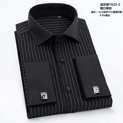Qualidade masculina abotoaduras francesas camisa botão escondido camisa masculina manga longa casual fino ajuste manguito camisas de vestido (abotoaduras incluídas)