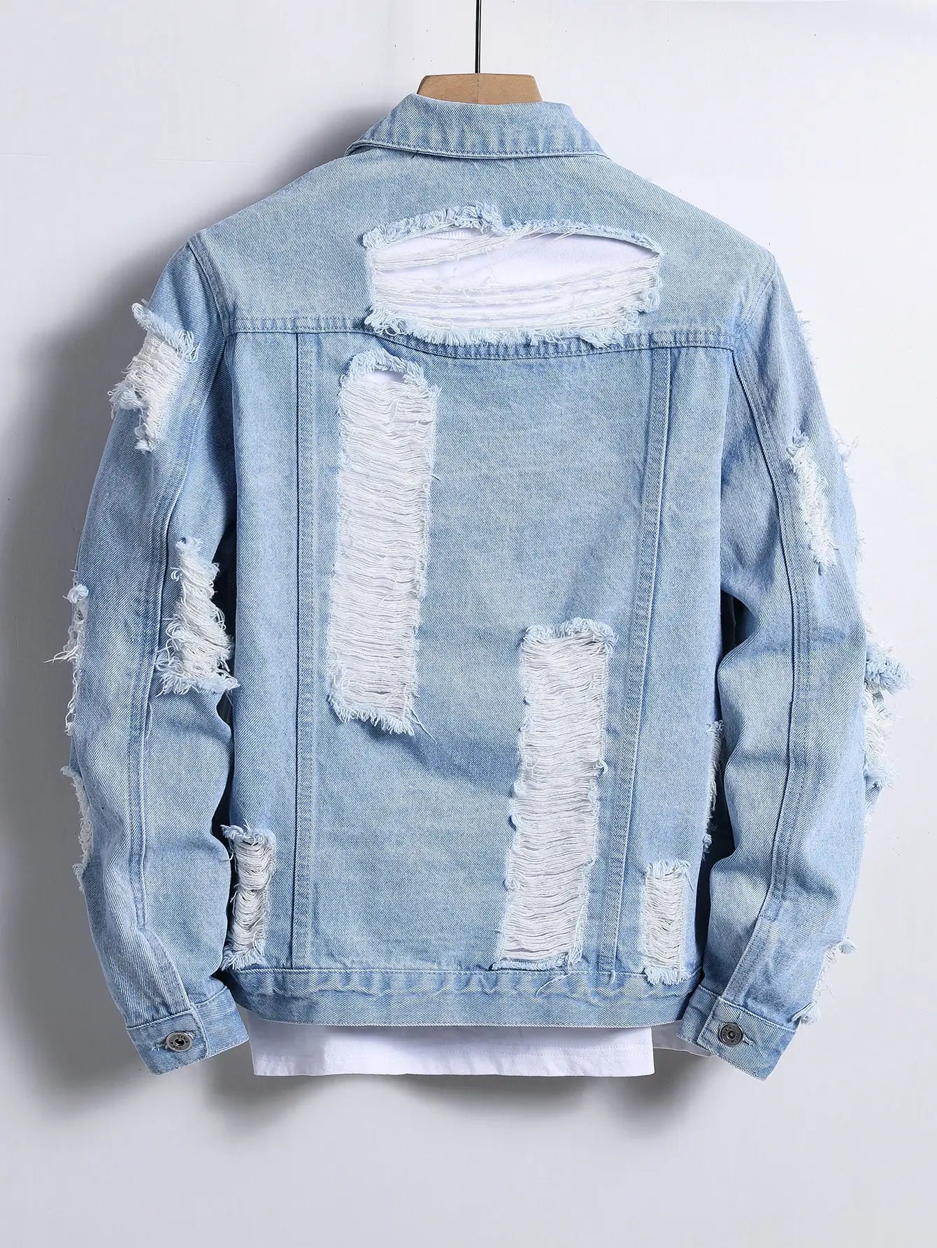 Jaqueta de Jeans Masculina para Primavera e Outono. Jaqueta de Jeans Azul Claro com Rasgos. Estilo de Rua. Casual Diário.