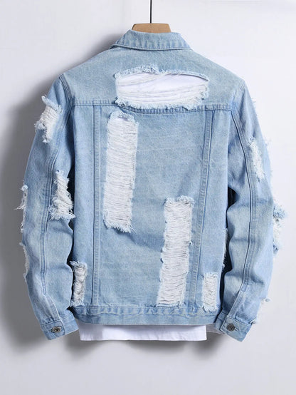 Jaqueta de Jeans Masculina para Primavera e Outono. Jaqueta de Jeans Azul Claro com Rasgos. Estilo de Rua. Casual Diário.