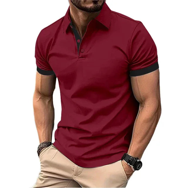 Camisa polo masculina de manga curta, corte slim casual, com blocos de cores, estilo inglês streetwear. Moda masculina.