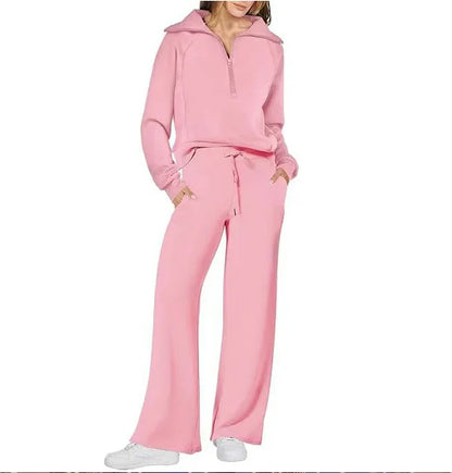 Conjunto de Moletom Feminino de 2 Peças: Blusão Forrado com Fleece Macio e Calça Fluida para Corrida ao Ar Livre e Viagens