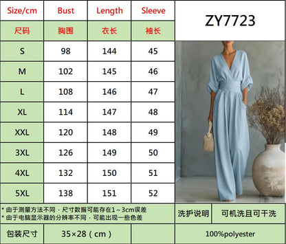 Sexy Deep V Neck Women's Jumpsuits Elegant High Waist Romper Casual Wide Leg Loose Pants Overalls Vacation Outfits MYQ-ZY7723