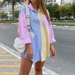 Camisa Feminina Casual de Manga Longa com Gola e Botões, Estampa Listrada em Blocos de Cores Pastel, Blusa Túnica para o Dia a Dia