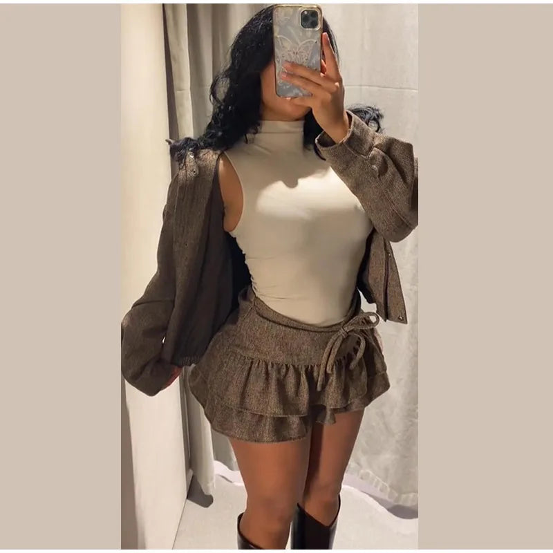 Conjuntos femininos de rua espinha de peixe sarja jaqueta feminina bainha elástica arco sólido empilhado onda h em vestido feminino casual chique terno senhoras