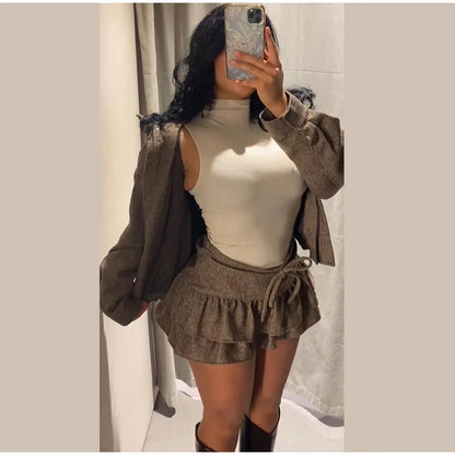 Conjuntos femininos de rua espinha de peixe sarja jaqueta feminina bainha elástica arco sólido empilhado onda h em vestido feminino casual chique terno senhoras
