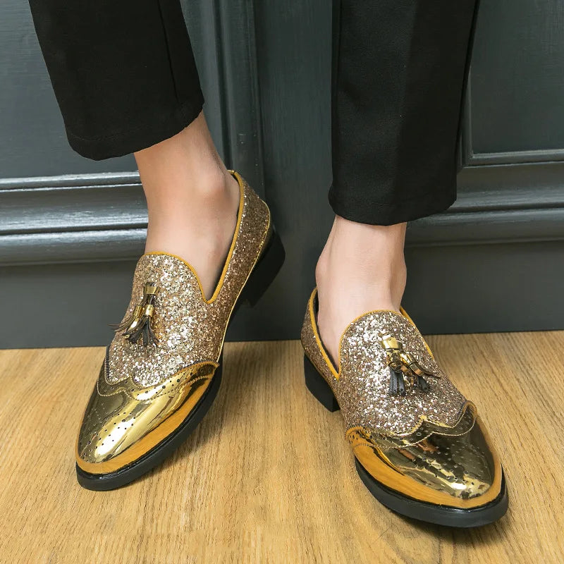 Sapatos sociais masculinos com glitter dourado, sapatos formais de marca, couro italiano, moda de luxo, casamento, sapatos oxford, tamanho grande 38- 47
