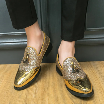 Sapatos sociais masculinos com glitter dourado, sapatos formais de marca, couro italiano, moda de luxo, casamento, sapatos oxford, tamanho grande 38- 47